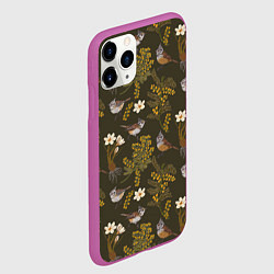 Чехол iPhone 11 Pro матовый Хохлатые синицы и мимоза паттерн, цвет: 3D-фиолетовый — фото 2