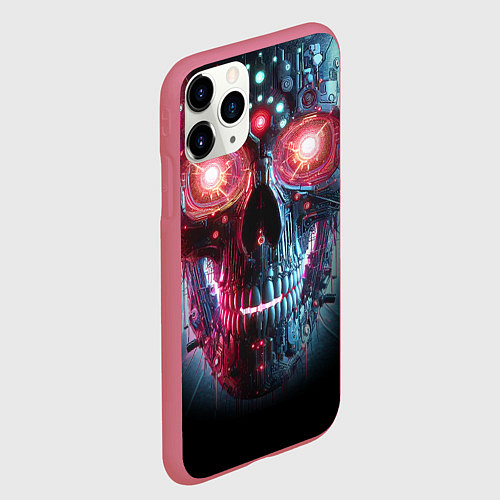 Чехол iPhone 11 Pro матовый Неоновый кибер череп - нейросеть / 3D-Малиновый – фото 2