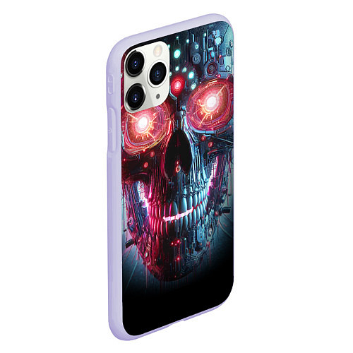 Чехол iPhone 11 Pro матовый Неоновый кибер череп - нейросеть / 3D-Светло-сиреневый – фото 2