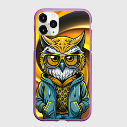 Чехол iPhone 11 Pro матовый Модная сова и желтый спиральный фон, цвет: 3D-фиолетовый