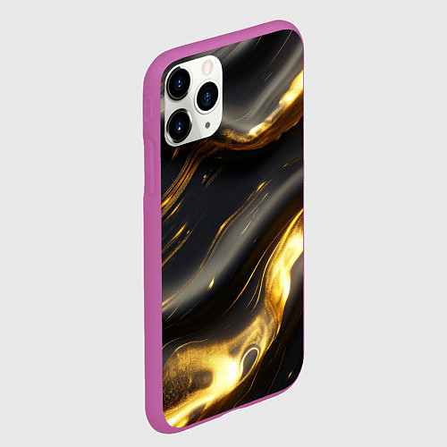 Чехол iPhone 11 Pro матовый Черно-золотая волнистая текстура / 3D-Фиолетовый – фото 2