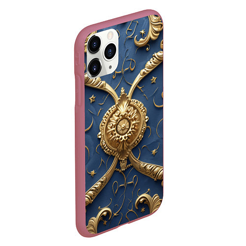 Чехол iPhone 11 Pro матовый Золотые узоры на синей ткани / 3D-Малиновый – фото 2
