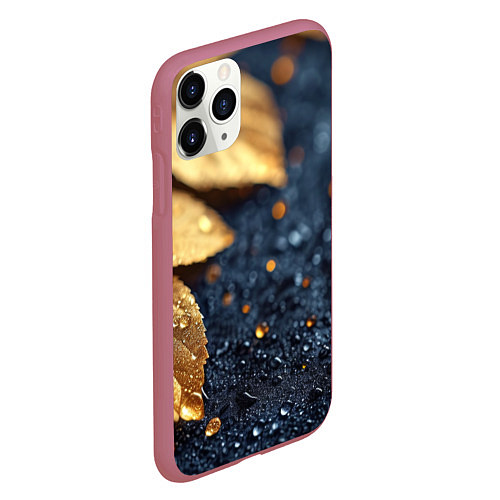 Чехол iPhone 11 Pro матовый Золотые листья на темном фоне / 3D-Малиновый – фото 2