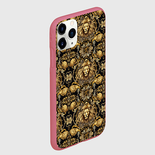 Чехол iPhone 11 Pro матовый Головы львов золотой паттерн / 3D-Малиновый – фото 2