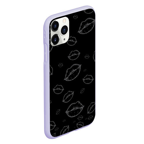 Чехол iPhone 11 Pro матовый Паттерн серый контур губ на чёрном - lips black / 3D-Светло-сиреневый – фото 2