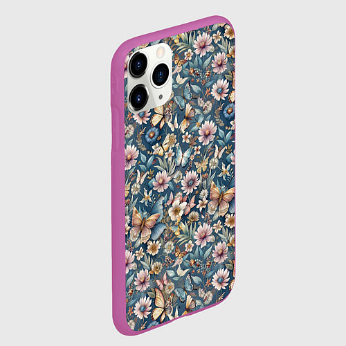 Чехол iPhone 11 Pro матовый Летний узор с цветами и бабочками / 3D-Фиолетовый – фото 2