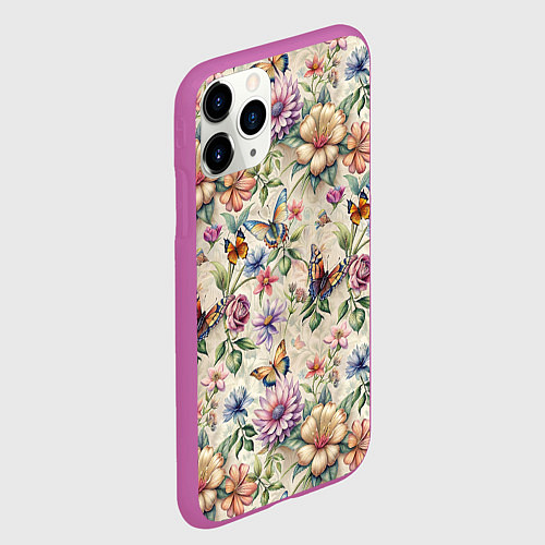 Чехол iPhone 11 Pro матовый Летний узор с цветами и бабочками / 3D-Фиолетовый – фото 2