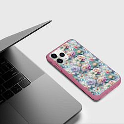 Чехол iPhone 11 Pro матовый Цветы и бабочки летний паттерн, цвет: 3D-малиновый — фото 2