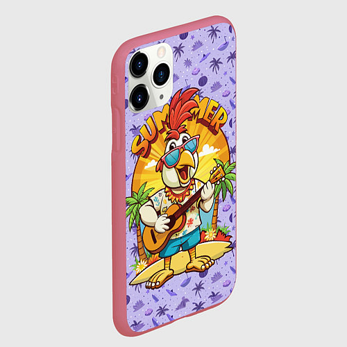 Чехол iPhone 11 Pro матовый Жаркое лето петух играет на гитаре / 3D-Малиновый – фото 2