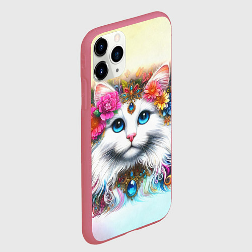 Чехол iPhone 11 Pro матовый Белый кот с голубыми глазами в цветах / 3D-Малиновый – фото 2