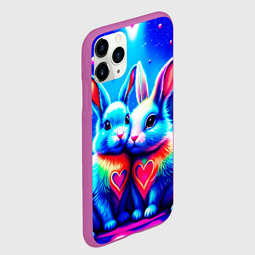 Чехол iPhone 11 Pro матовый Неоновые зайчики - любовь сердечки / 3D-Фиолетовый – фото 2
