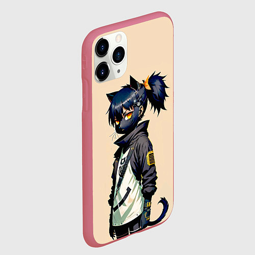 Чехол iPhone 11 Pro матовый Прикольная чёрная кошечка - нейросеть / 3D-Малиновый – фото 2