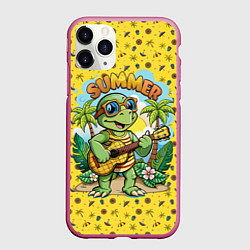 Чехол iPhone 11 Pro матовый Черепаха с гитарой на острове, цвет: 3D-малиновый