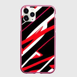Чехол iPhone 11 Pro матовый Красно-белые полосы на чёрном фоне, цвет: 3D-малиновый