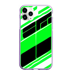 Чехол iPhone 11 Pro матовый Зелёно-белые полосы и чёрный фон, цвет: 3D-светло-сиреневый