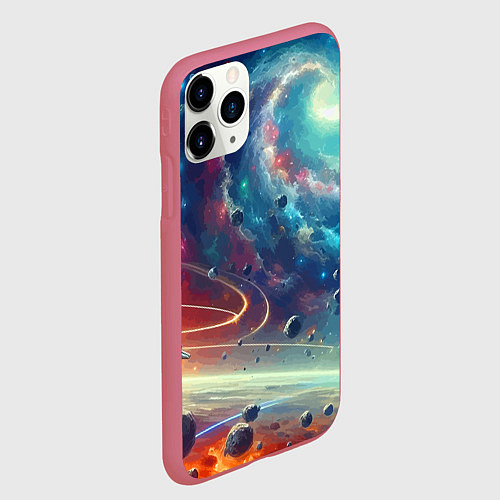 Чехол iPhone 11 Pro матовый Полет к далёкой планете - нейросеть / 3D-Малиновый – фото 2