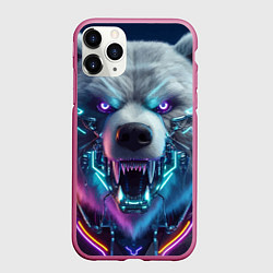 Чехол iPhone 11 Pro матовый Cyber bear - neon glow, цвет: 3D-малиновый