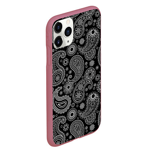 Чехол iPhone 11 Pro матовый Пейсли на черном / 3D-Малиновый – фото 2