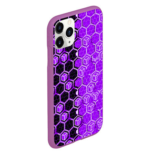 Чехол iPhone 11 Pro матовый Техно-киберпанк шестиугольники фиолетовый и чёрный / 3D-Фиолетовый – фото 2