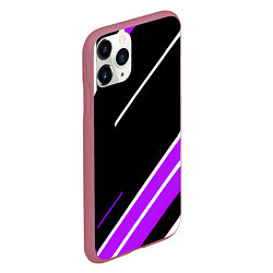 Чехол iPhone 11 Pro матовый Бело-фиолетовые полосы на чёрном фоне, цвет: 3D-малиновый — фото 2