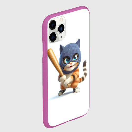 Чехол iPhone 11 Pro матовый Прикольный котёнок с бейсбольной битой и в балакла / 3D-Фиолетовый – фото 2