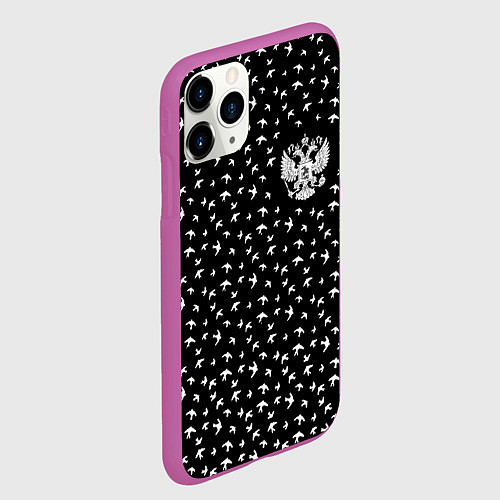 Чехол iPhone 11 Pro матовый Герб РФ и ласточки на чёрном / 3D-Фиолетовый – фото 2