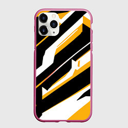 Чехол iPhone 11 Pro матовый Жёлто-белые широкие линии на чёрном фоне, цвет: 3D-малиновый