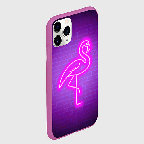 Чехол iPhone 11 Pro матовый Розовый неоновый фламинго / 3D-Фиолетовый – фото 2