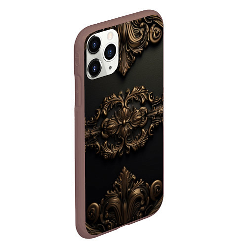 Чехол iPhone 11 Pro матовый Объемные темные золотые узоры / 3D-Коричневый – фото 2