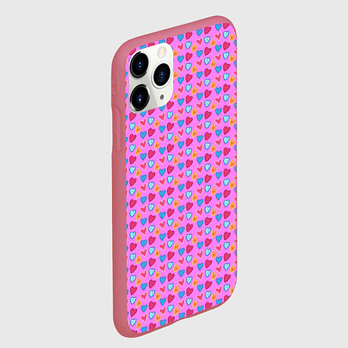 Чехол iPhone 11 Pro матовый Розовый паттерн с разноцветными сердечками / 3D-Малиновый – фото 2