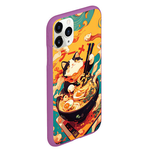 Чехол iPhone 11 Pro матовый The cat eats ramen / 3D-Фиолетовый – фото 2