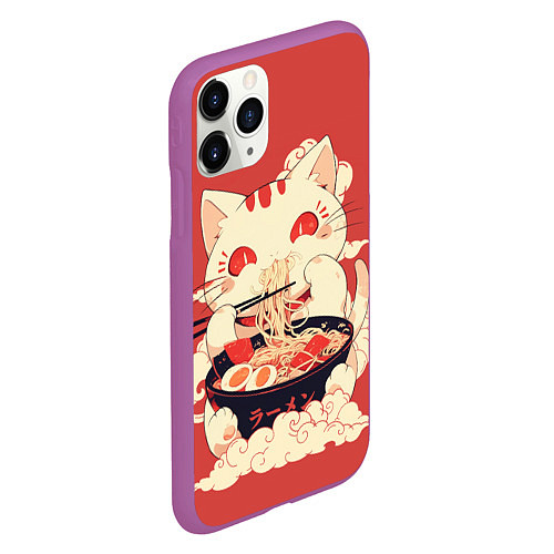 Чехол iPhone 11 Pro матовый Japanese cat eats ramen / 3D-Фиолетовый – фото 2