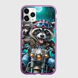 Чехол iPhone 11 Pro матовый Модный енот байкер на мотоцикле, цвет: 3D-фиолетовый