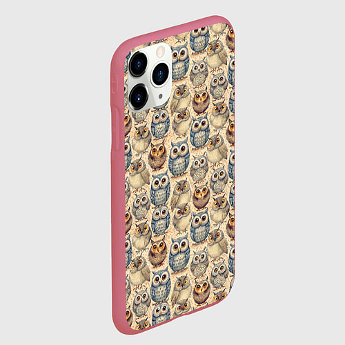 Чехол iPhone 11 Pro матовый Совы птицы паттерн / 3D-Малиновый – фото 2