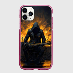 Чехол iPhone 11 Pro матовый Гитарист играющий в пламени, цвет: 3D-малиновый