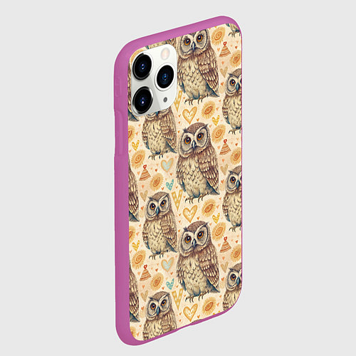 Чехол iPhone 11 Pro матовый Совы милые в паттерне / 3D-Фиолетовый – фото 2