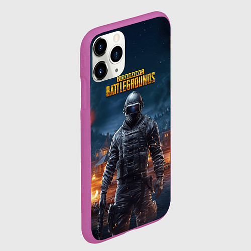 Чехол iPhone 11 Pro матовый PUBG персонаж в ночном городе / 3D-Фиолетовый – фото 2