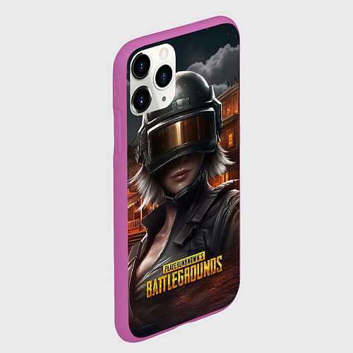 Чехол iPhone 11 Pro матовый PUBG девушка в шлеме / 3D-Фиолетовый – фото 2