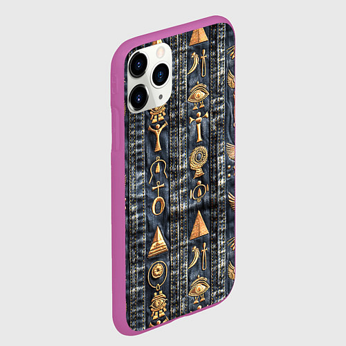 Чехол iPhone 11 Pro матовый Египетские символы на дениме / 3D-Фиолетовый – фото 2