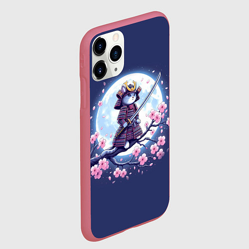 Чехол iPhone 11 Pro матовый Котёнок самурай - цветущая сакура / 3D-Малиновый – фото 2