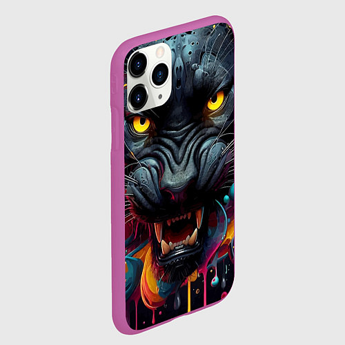Чехол iPhone 11 Pro матовый Оскал свирепой пантеры - нейросеть / 3D-Фиолетовый – фото 2