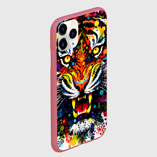 Чехол iPhone 11 Pro матовый Орнаментальный тигр - нейросеть / 3D-Малиновый – фото 2