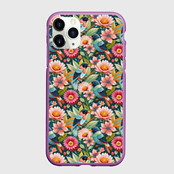 Чехол iPhone 11 Pro матовый Тропические птицы в цветах, цвет: 3D-фиолетовый