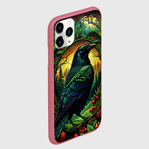 Чехол iPhone 11 Pro матовый Скандинавский ворон лесной узор / 3D-Малиновый – фото 2