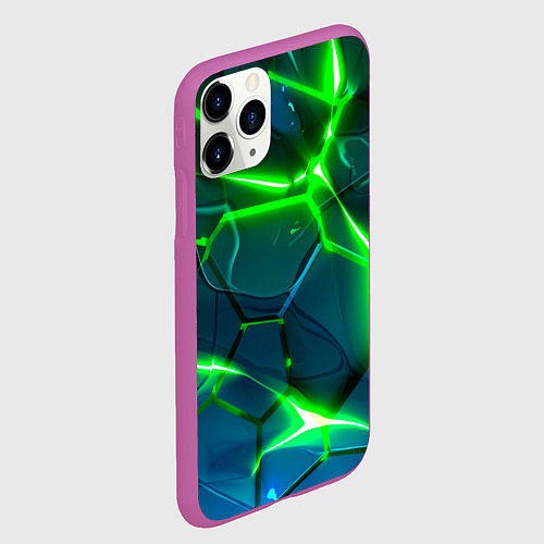 Чехол iPhone 11 Pro матовый Неоновые яркие зеленые разломленные плиты со свето / 3D-Фиолетовый – фото 2