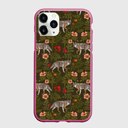 Чехол iPhone 11 Pro матовый Волки и шиповник, цвет: 3D-малиновый