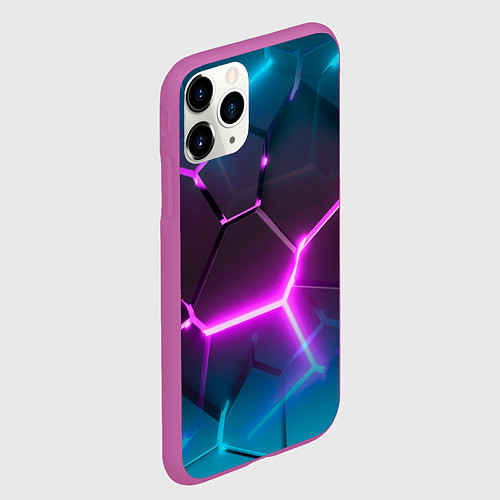 Чехол iPhone 11 Pro матовый Голубые и розовые неоновые плиты в разломе / 3D-Фиолетовый – фото 2