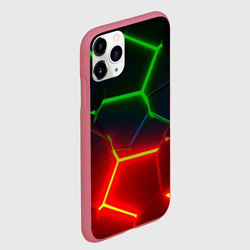 Чехол iPhone 11 Pro матовый Зеленые и красные неоновые плиты в разломе / 3D-Малиновый – фото 2