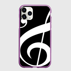 Чехол iPhone 11 Pro матовый Скрипичный и басовый ключи - белые на чёрном, цвет: 3D-фиолетовый