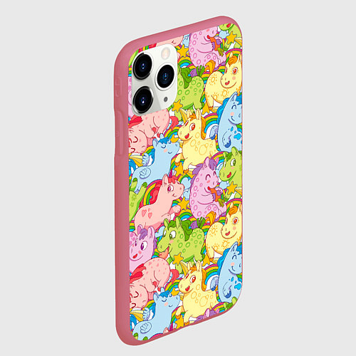 Чехол iPhone 11 Pro матовый Разноцветные единороги / 3D-Малиновый – фото 2